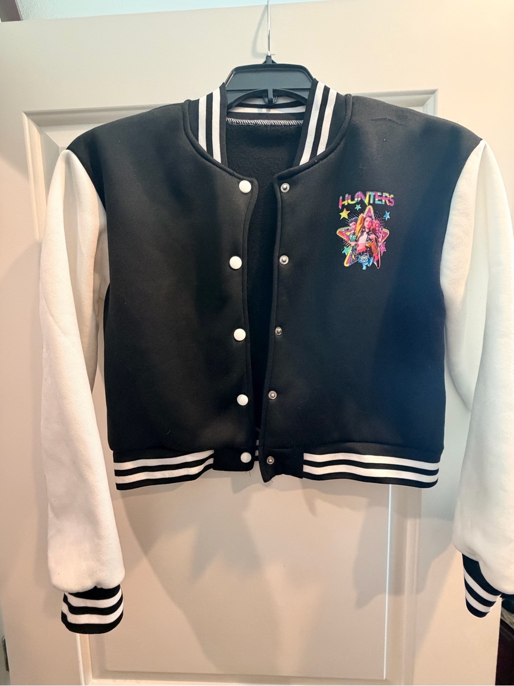 K-Pop Hunter Black and White Girls' Cropped Varsity Jacket